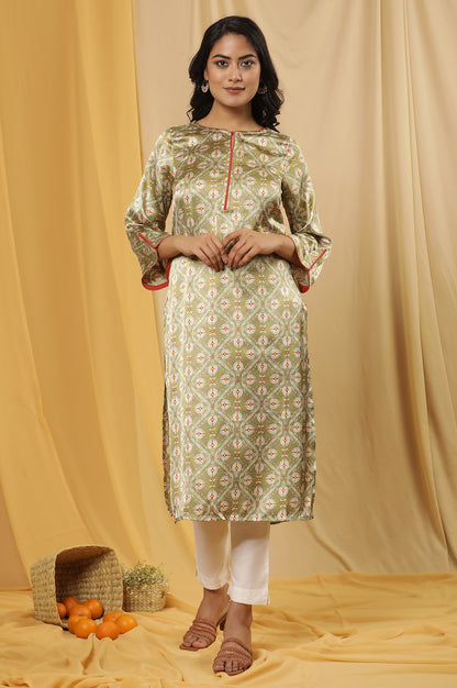 Green Printed Japanese Satin Kurta And Pants Set