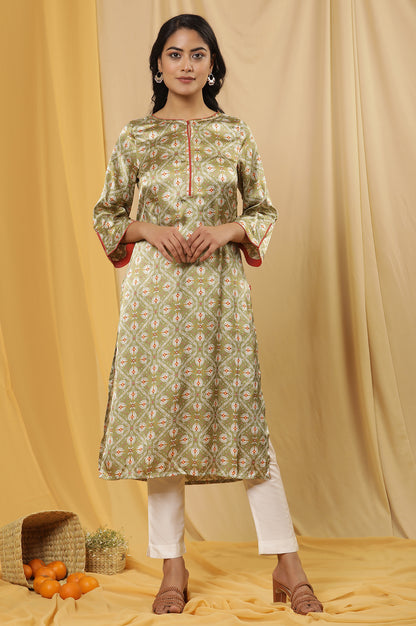 Green Printed Japanese Satin Kurta And Pants Set