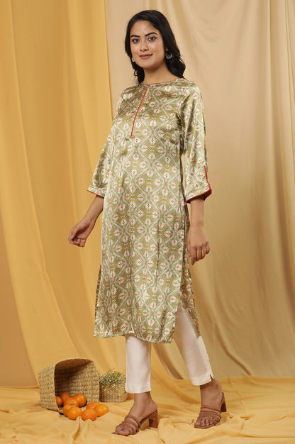 Green Printed Japanese Satin Kurta And Pants Set