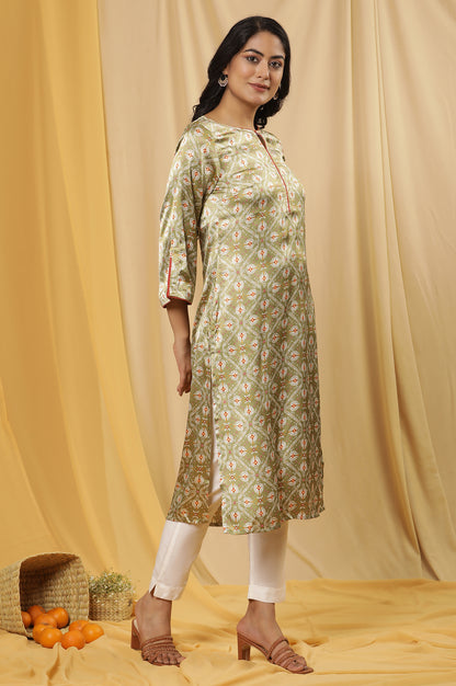 Green Printed Japanese Satin Kurta And Pants Set