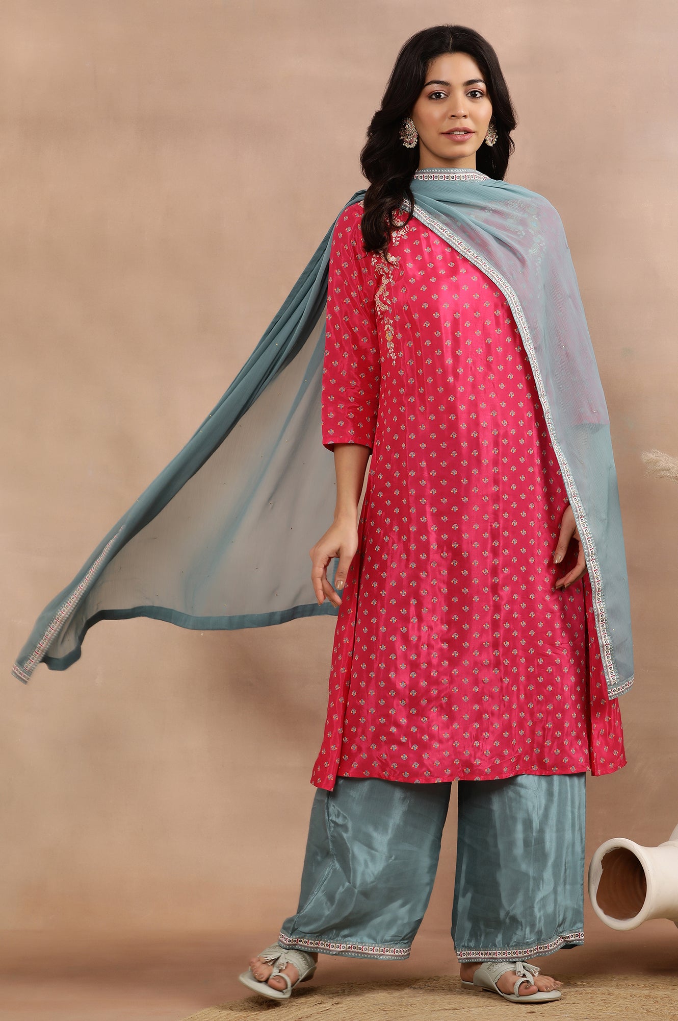 Dark Pink Embroidered Kurta, Parallel Pants And Dupatta Set