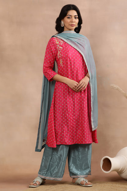 Dark Pink Embroidered Kurta, Parallel Pants And Dupatta Set