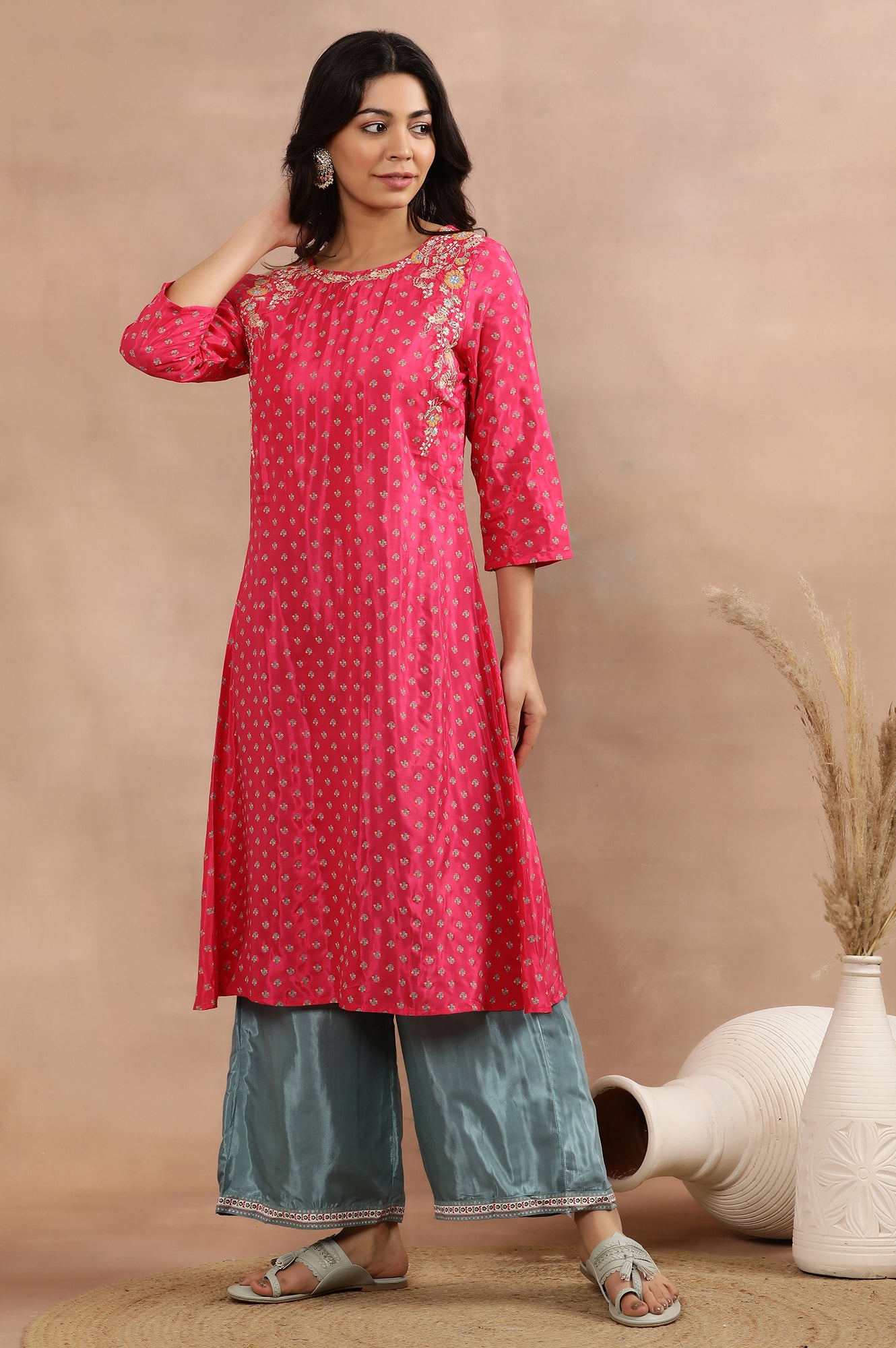 Dark Pink Embroidered Kurta, Parallel Pants And Dupatta Set