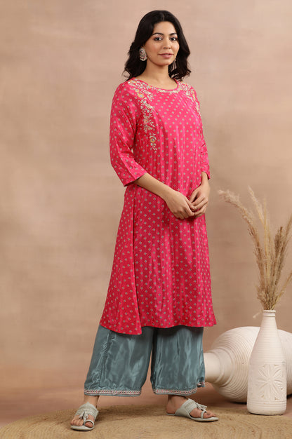 Dark Pink Embroidered Kurta, Parallel Pants And Dupatta Set