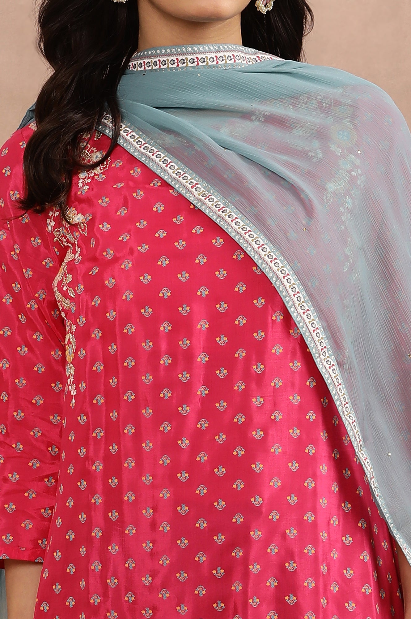 Dark Pink Embroidered Kurta, Parallel Pants And Dupatta Set