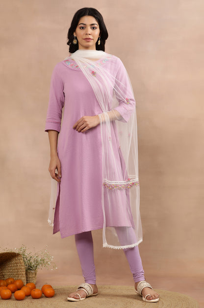 Purple Cotton Embroidered Kurta, Tights And Mesh Dupatta