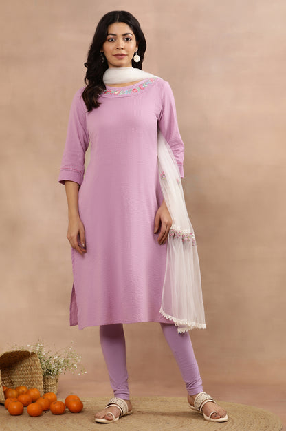 Purple Cotton Embroidered Kurta, Tights And Mesh Dupatta