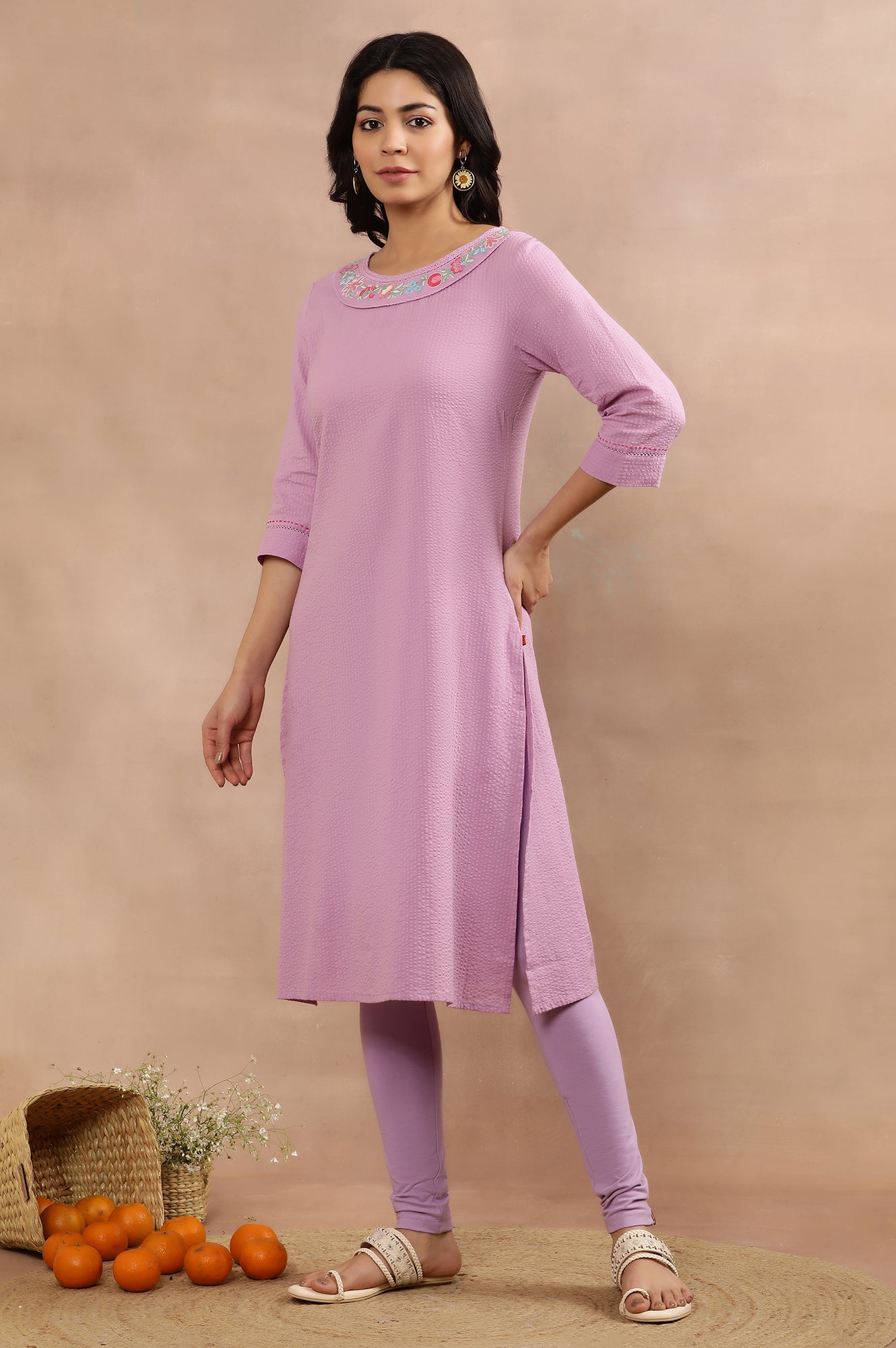 Purple Cotton Embroidered Kurta, Tights And Mesh Dupatta