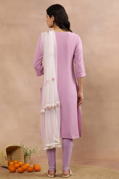 Purple Cotton Embroidered Kurta, Tights And Mesh Dupatta