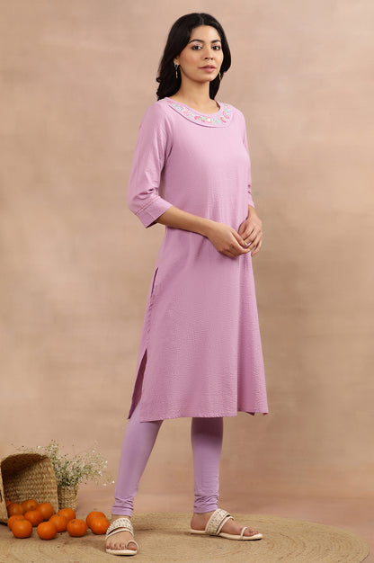 Purple Cotton Embroidered Kurta, Tights And Mesh Dupatta