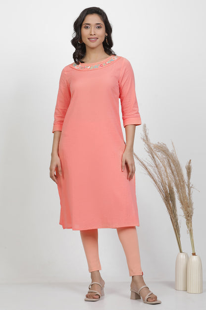 Orange Cotton Embroidered Kurta And Tights Set