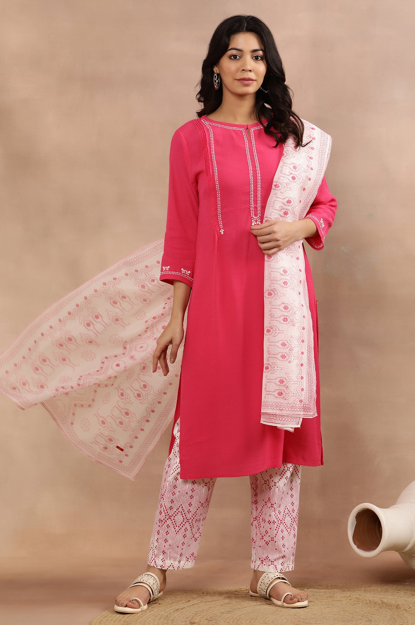 Pink Embroidered Textured Kurta, Pants And Dupatta Set