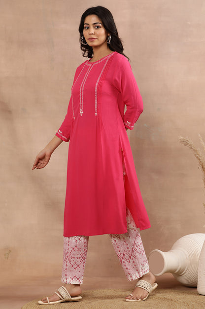 Pink Embroidered Textured Kurta, Pants And Dupatta Set