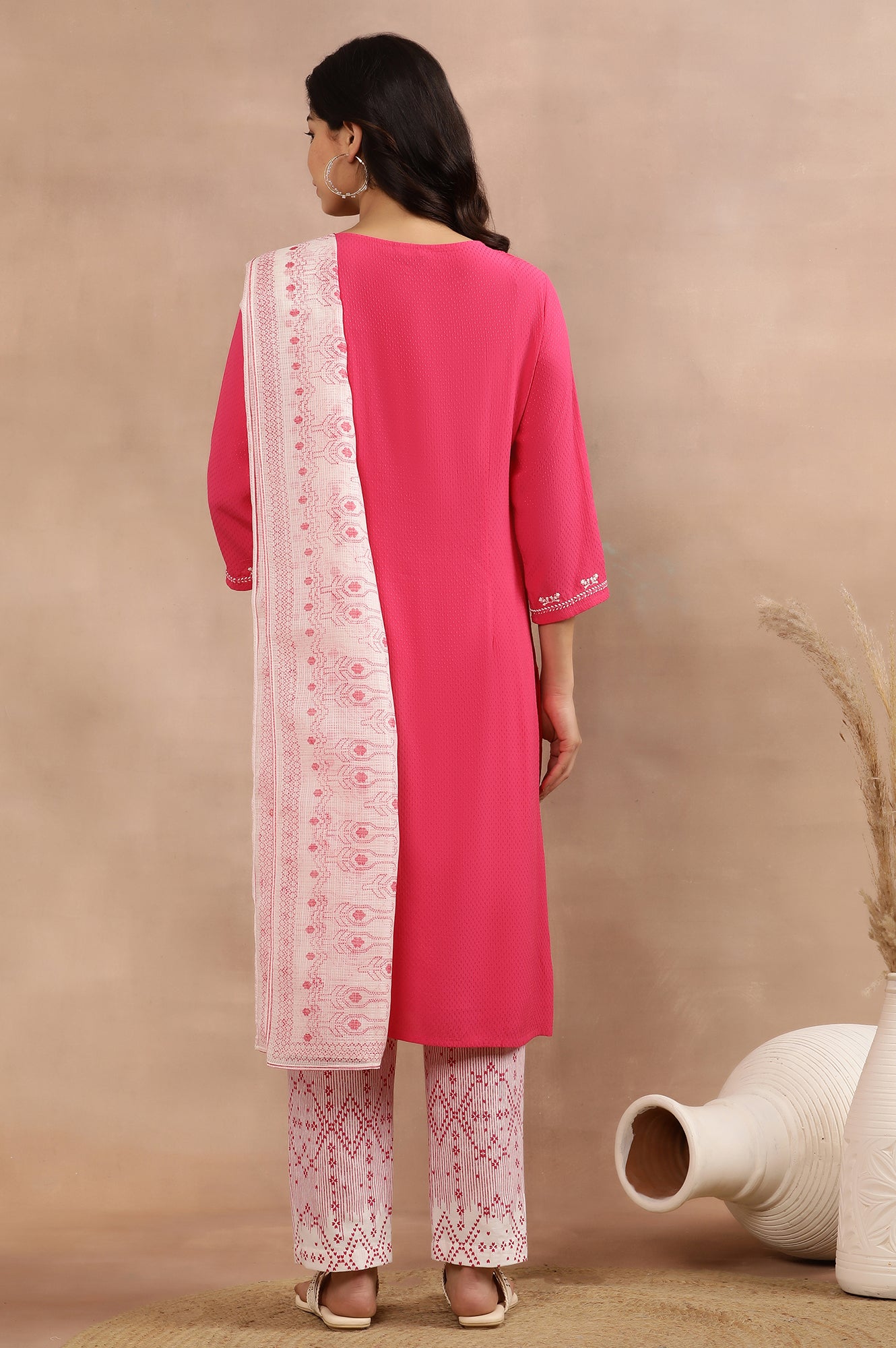 Pink Embroidered Textured Kurta, Pants And Dupatta Set