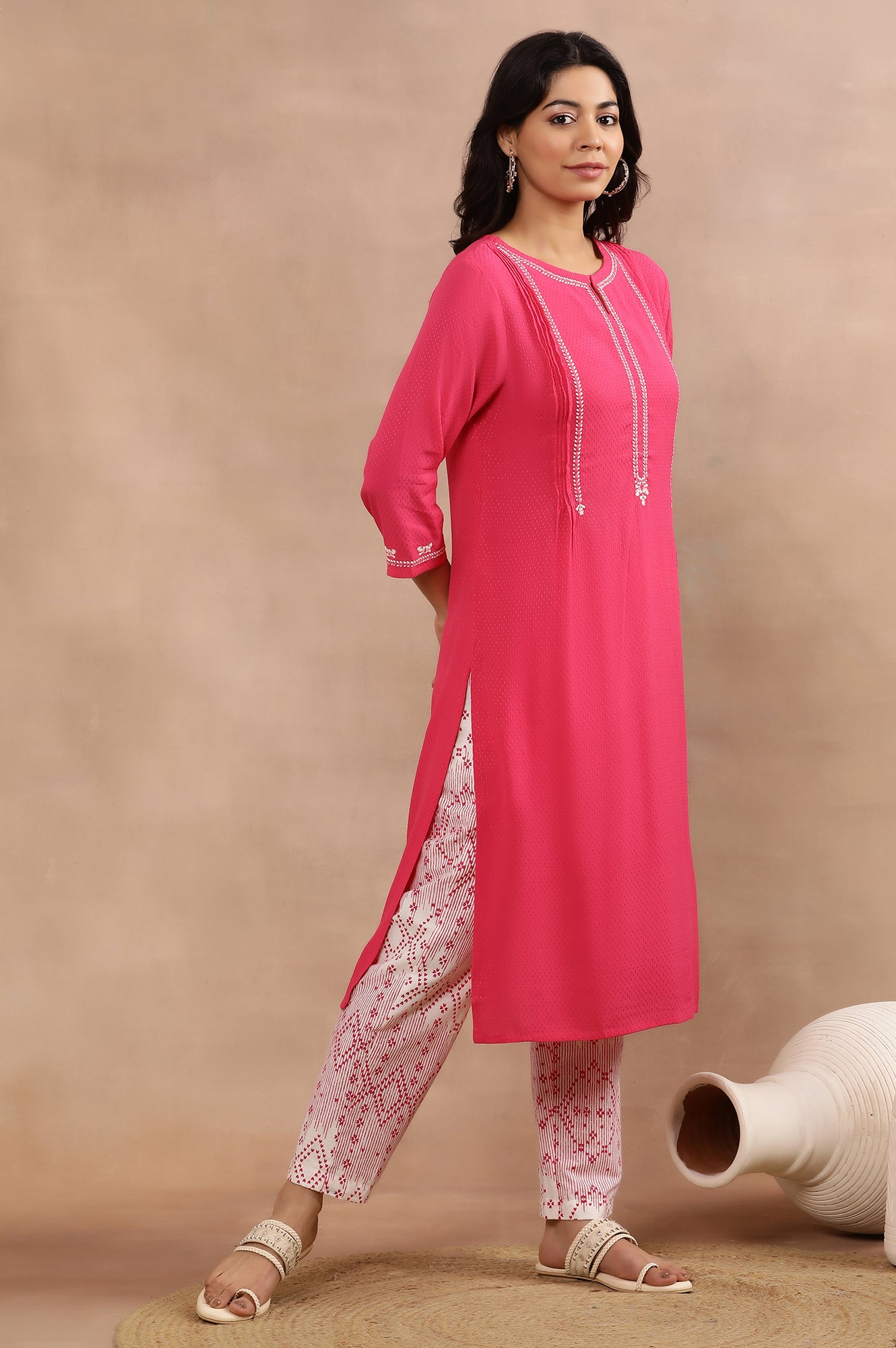 Pink Embroidered Textured Kurta, Pants And Dupatta Set