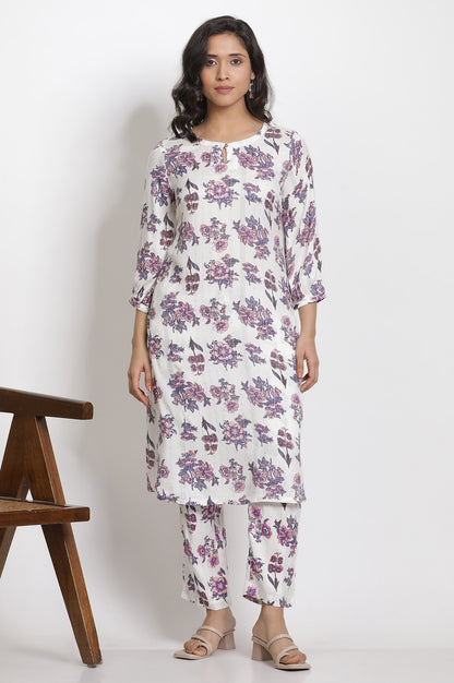 White Straight Floral Printed Kurta And Pants Set