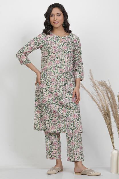 White Floral Printed Straight Kurta And Pants Set