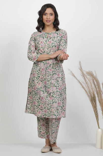 White Floral Printed Straight Kurta And Pants Set