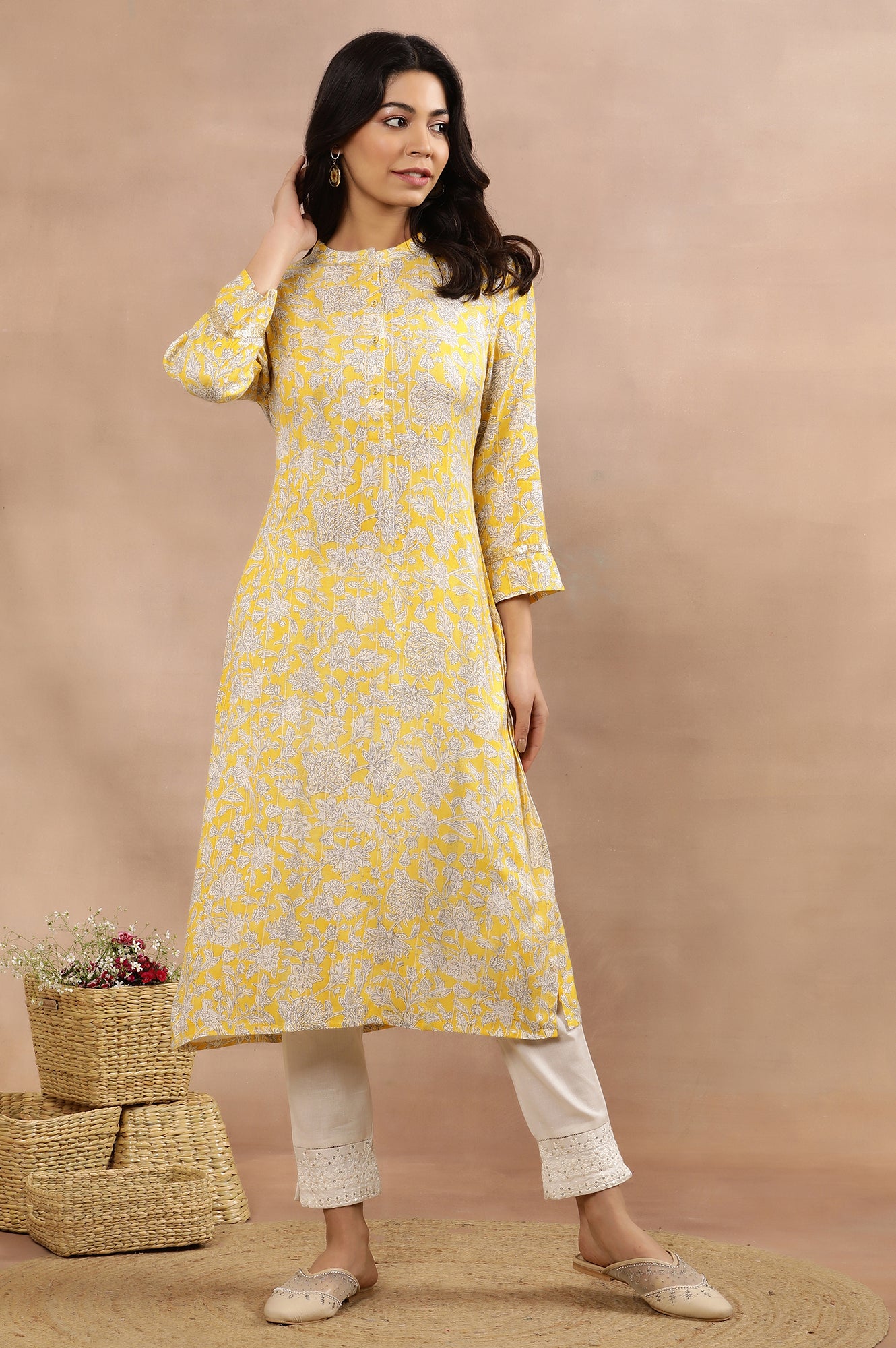 Yellow Floral Printed A-Line Kurta And Slim Pants Set