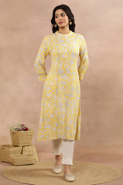 Yellow Floral Printed A-Line Kurta And Slim Pants Set