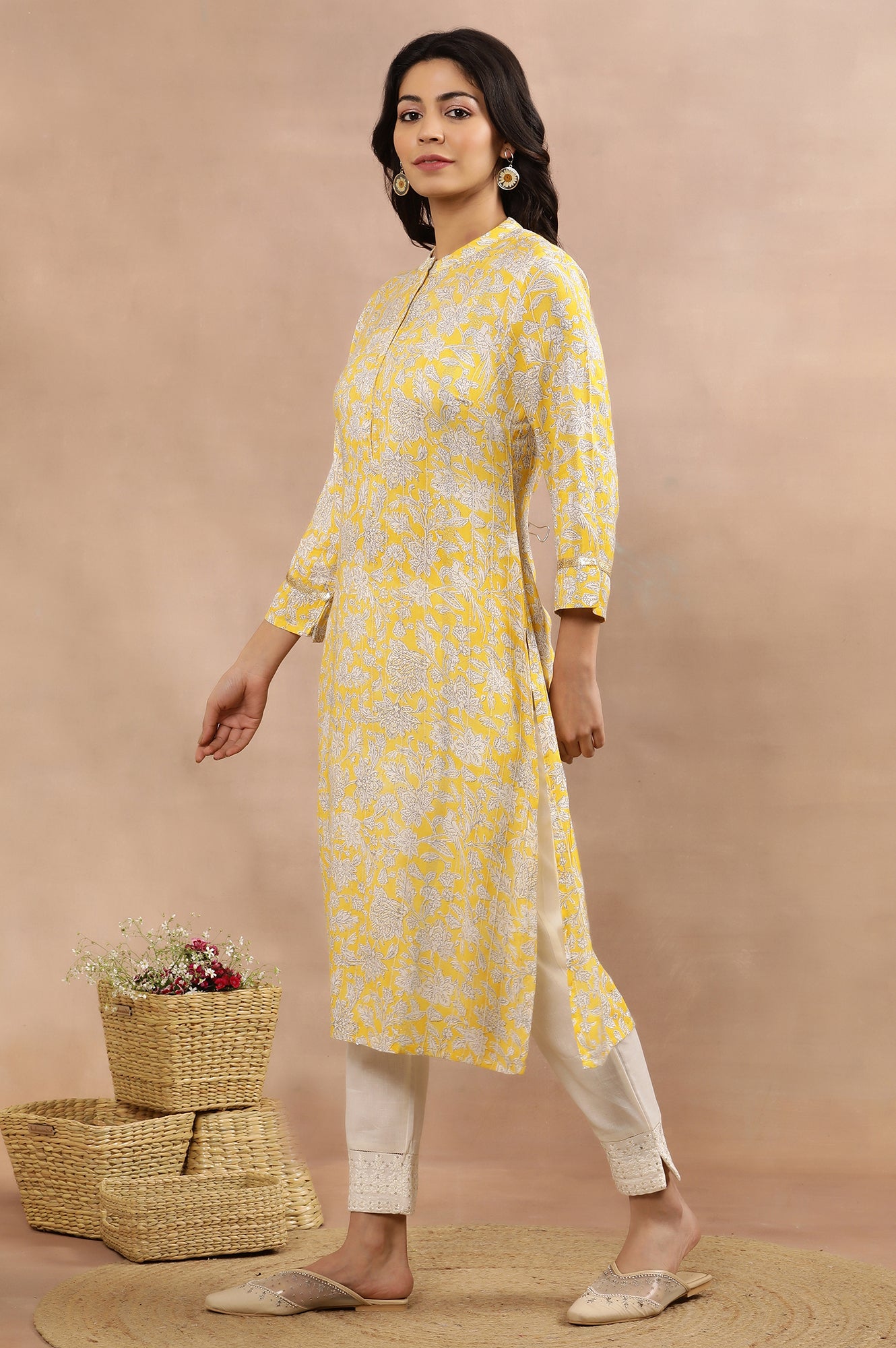 Yellow Floral Printed A-Line Kurta And Slim Pants Set