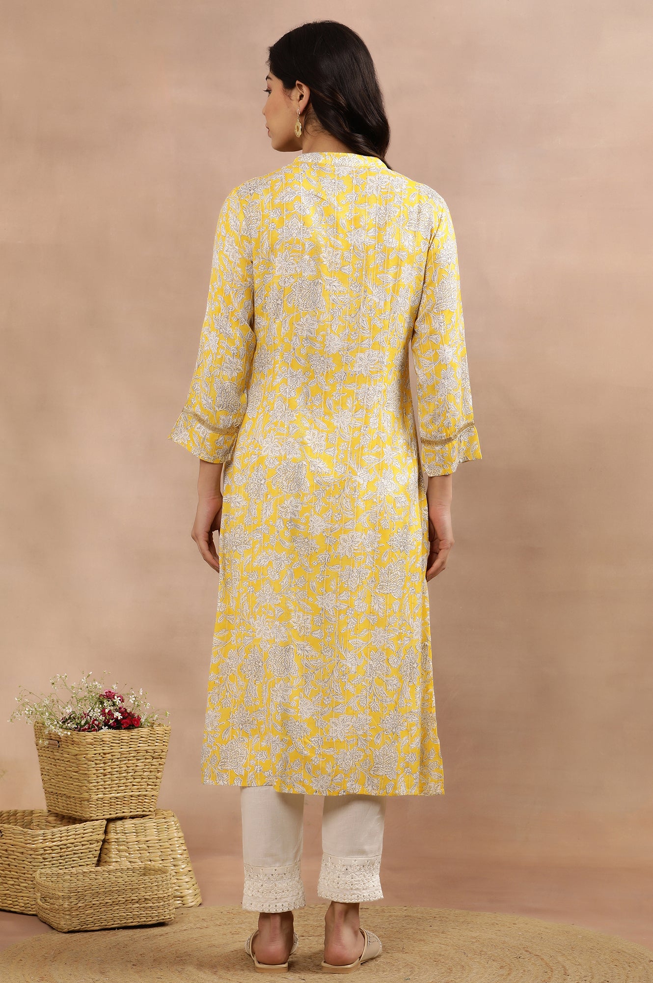 Yellow Floral Printed A-Line Kurta And Slim Pants Set