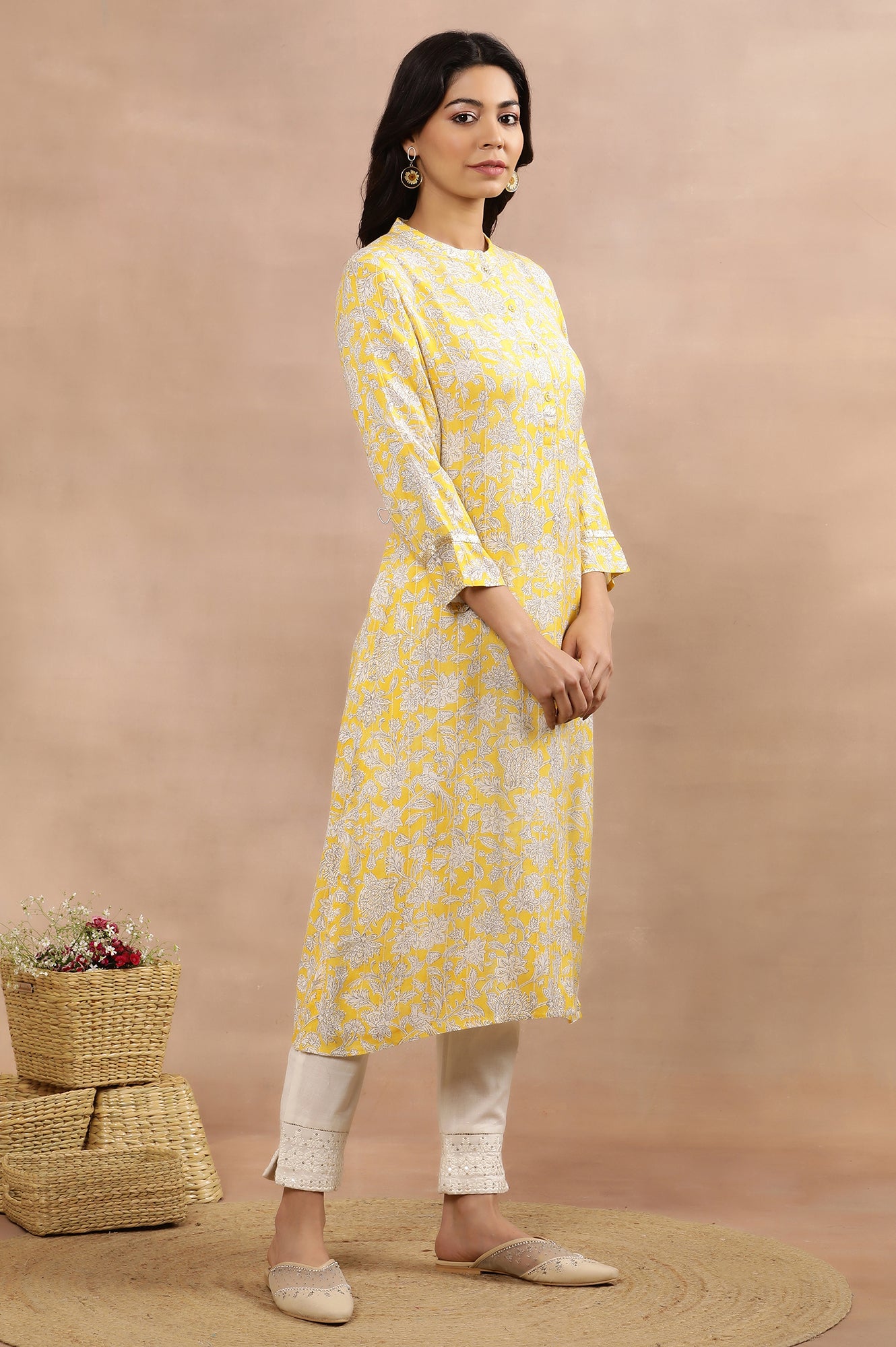 Yellow Floral Printed A-Line Kurta And Slim Pants Set