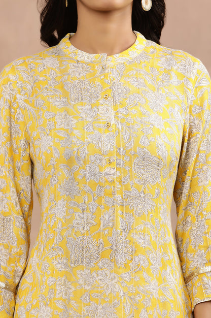 Yellow Floral Printed A-Line Kurta And Slim Pants Set