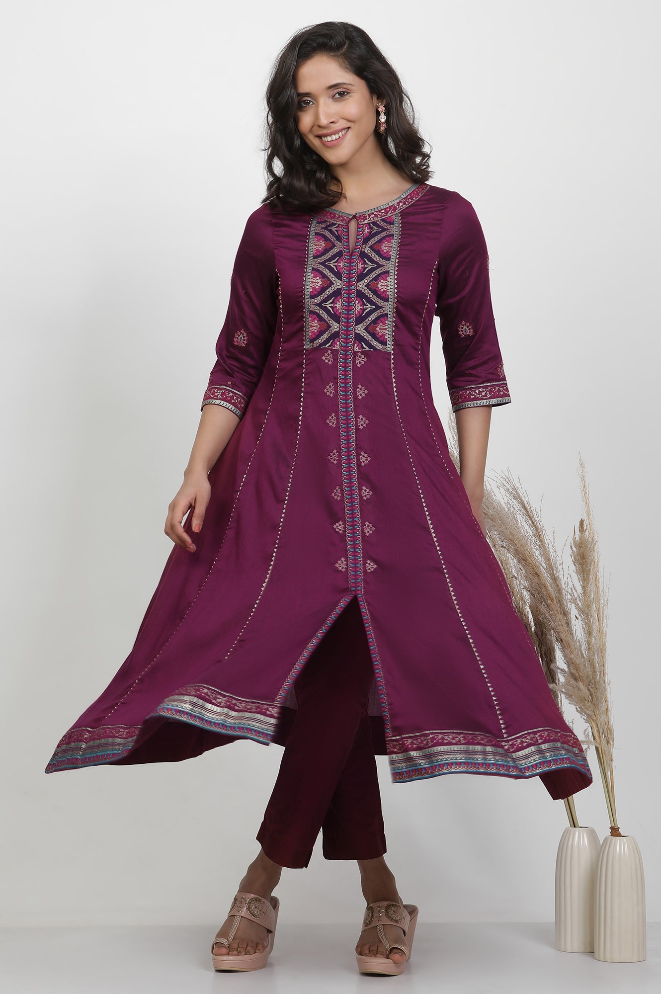 Purple Embroidered Flared Kurta And Pants Set