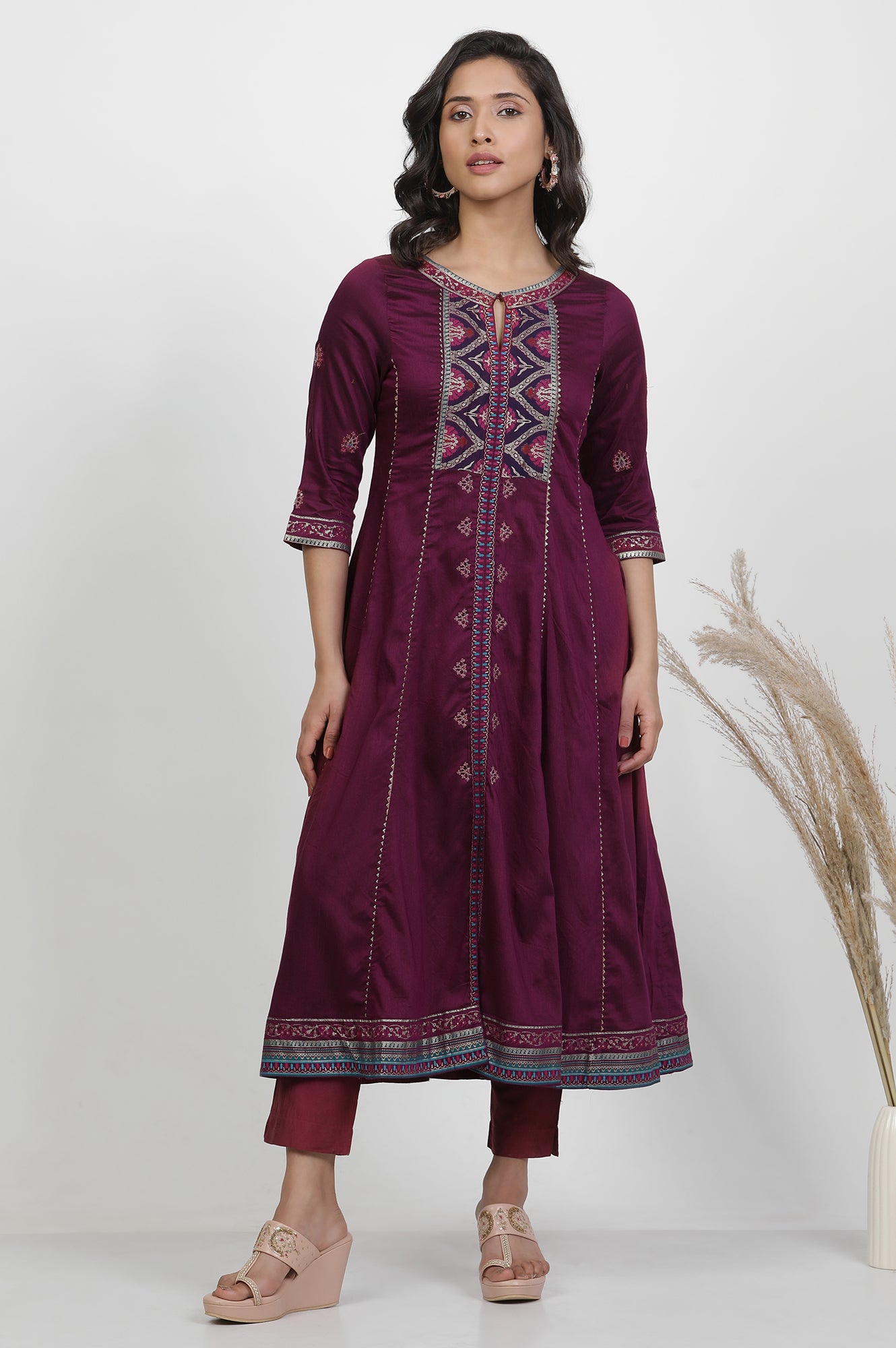 Purple Embroidered Flared Kurta And Pants Set