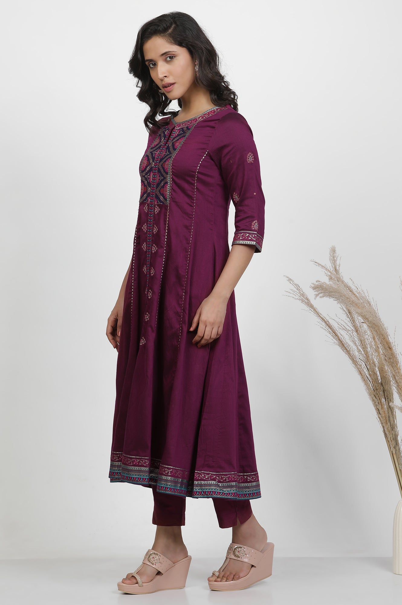 Purple Embroidered Flared Kurta And Pants Set