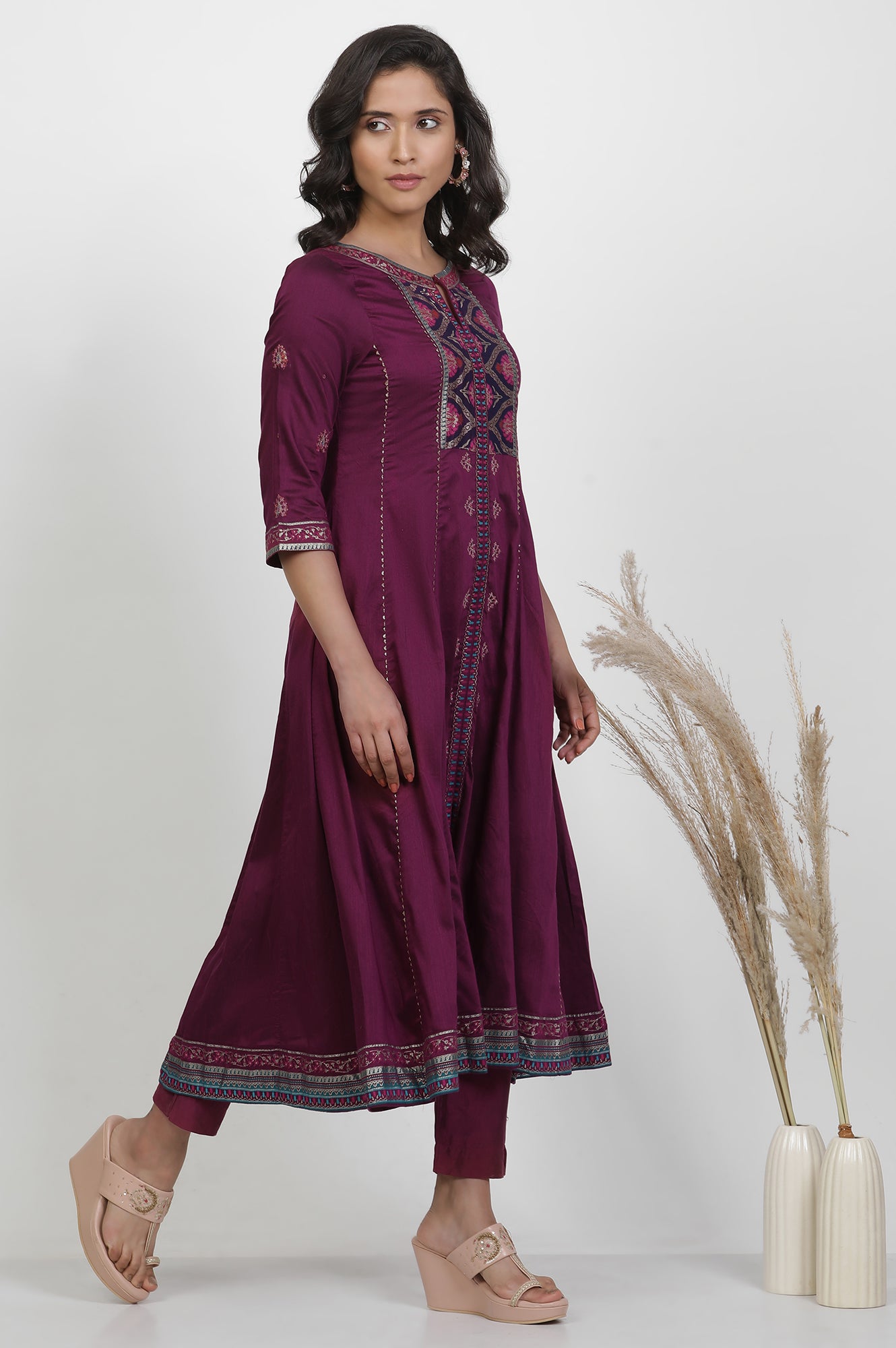 Purple Embroidered Flared Kurta And Pants Set