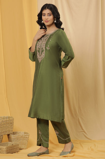 Green Embroidered Kurta, Pants And Organza Dupatta Set