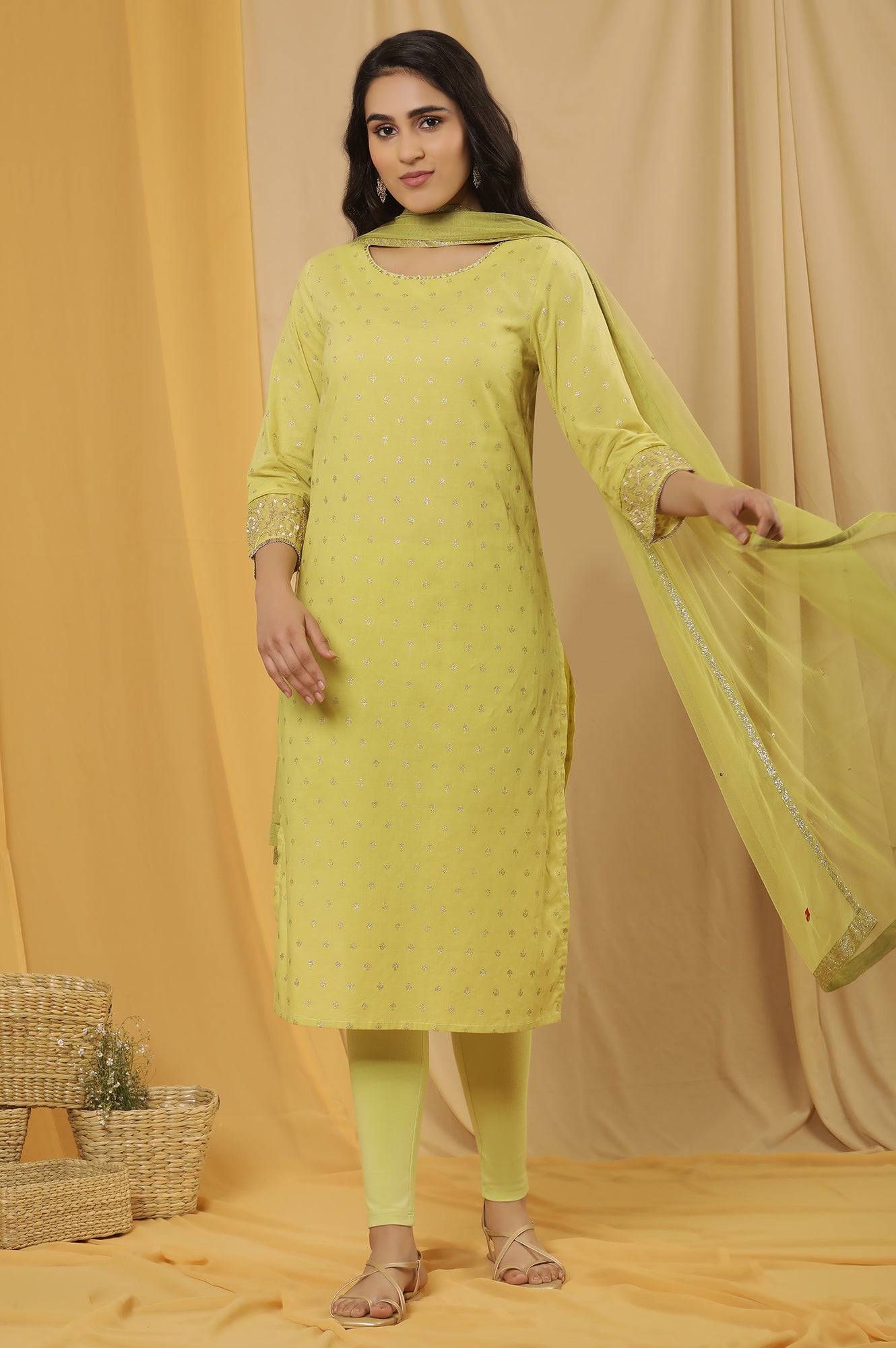 Lime Yellow Embroidered Kurta, Tights And Dupatta Set