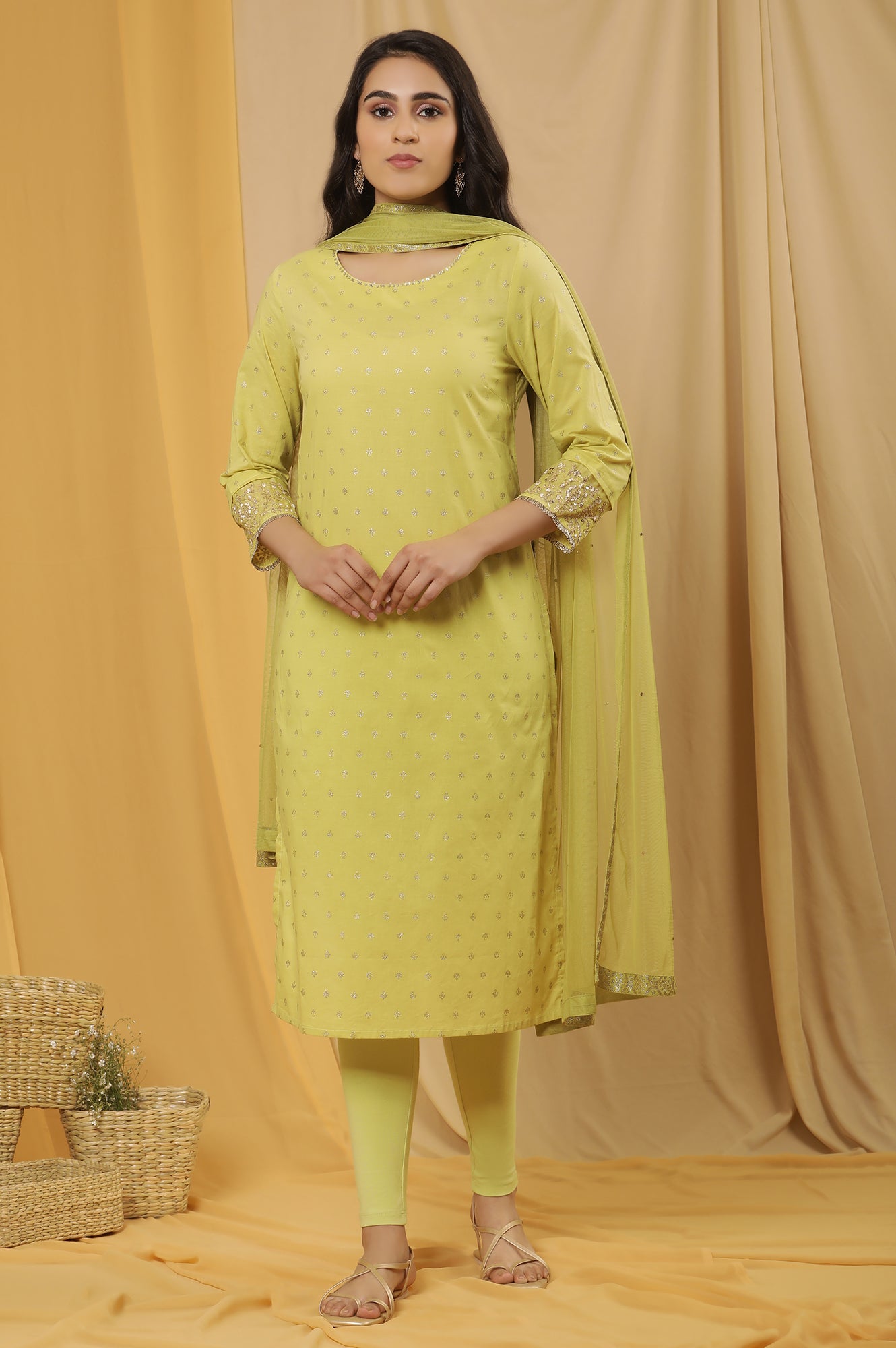 Lime Yellow Embroidered Kurta, Tights And Dupatta Set