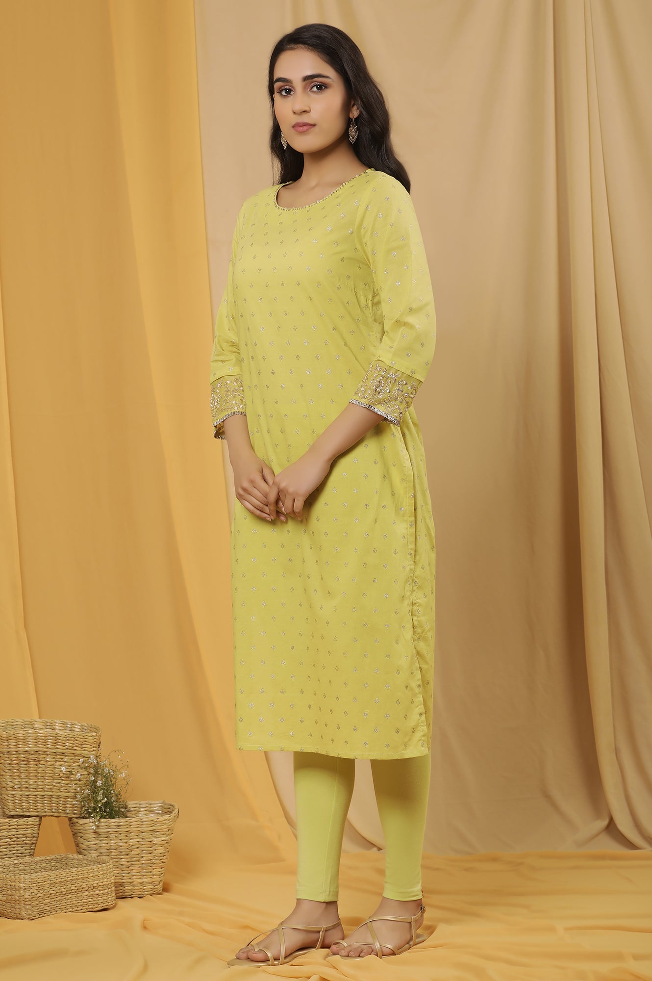 Lime Yellow Embroidered Kurta, Tights And Dupatta Set