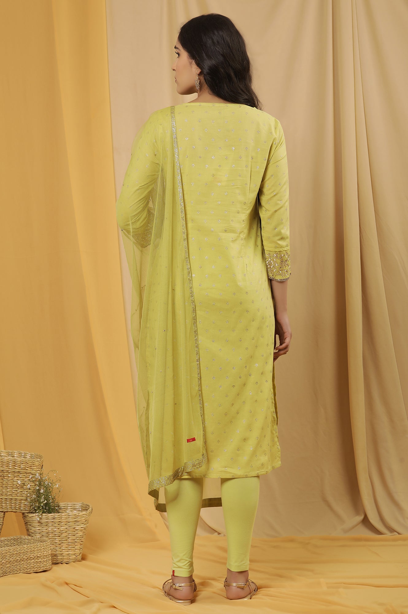 Lime Yellow Embroidered Kurta, Tights And Dupatta Set