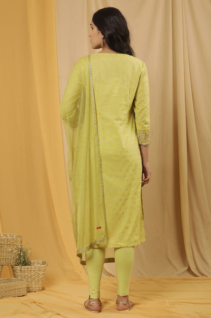 Lime Yellow Embroidered Kurta, Tights And Dupatta Set