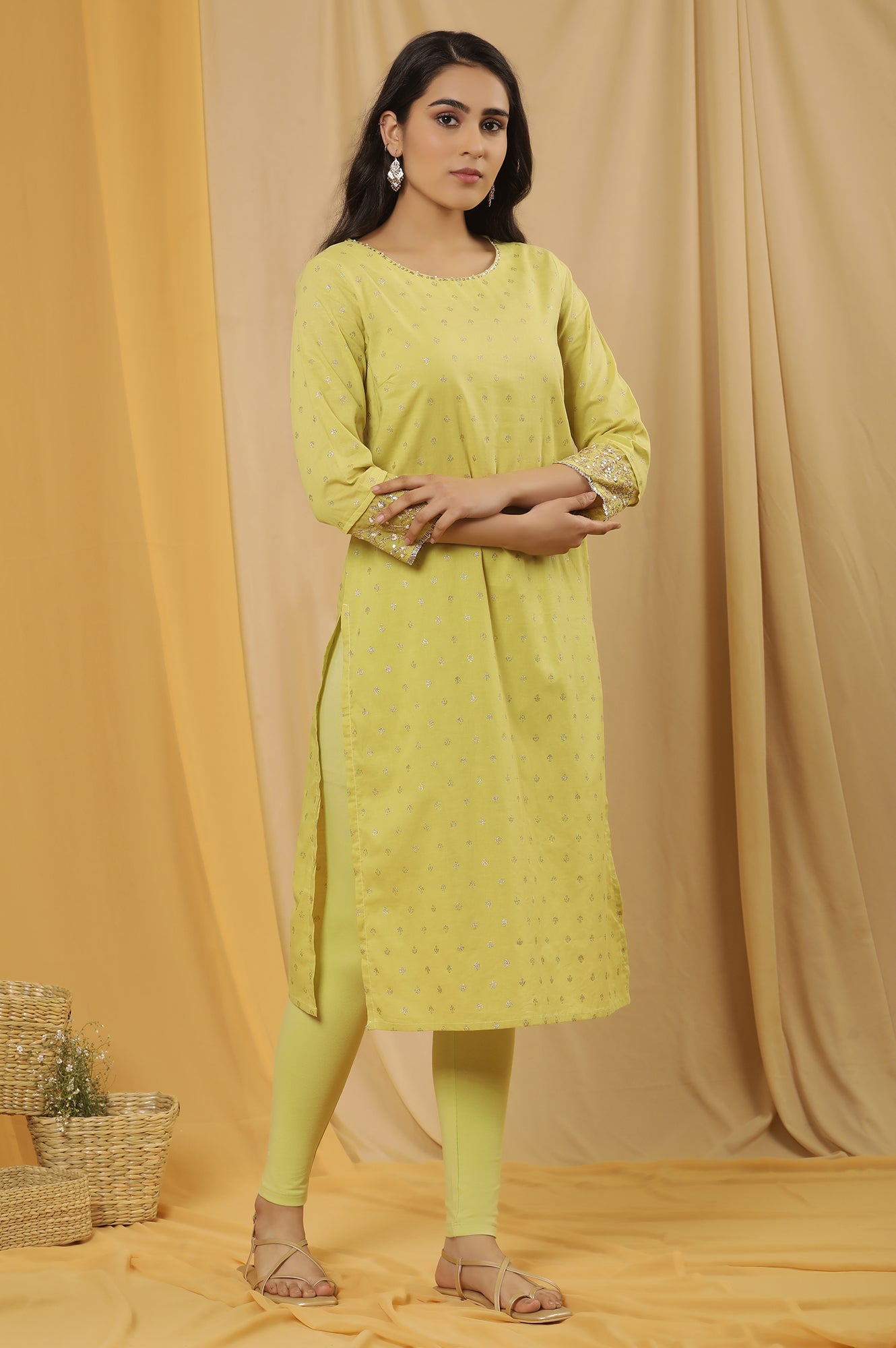 Lime Yellow Embroidered Kurta, Tights And Dupatta Set