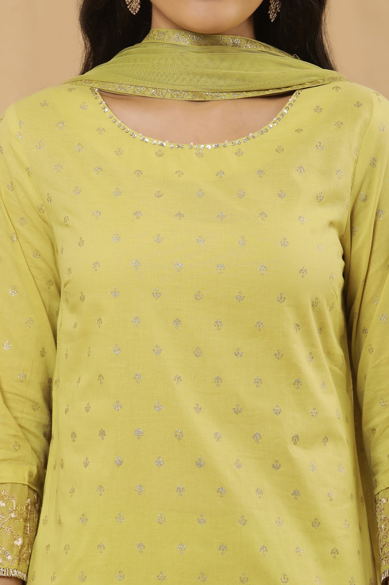 Lime Yellow Embroidered Kurta, Tights And Dupatta Set