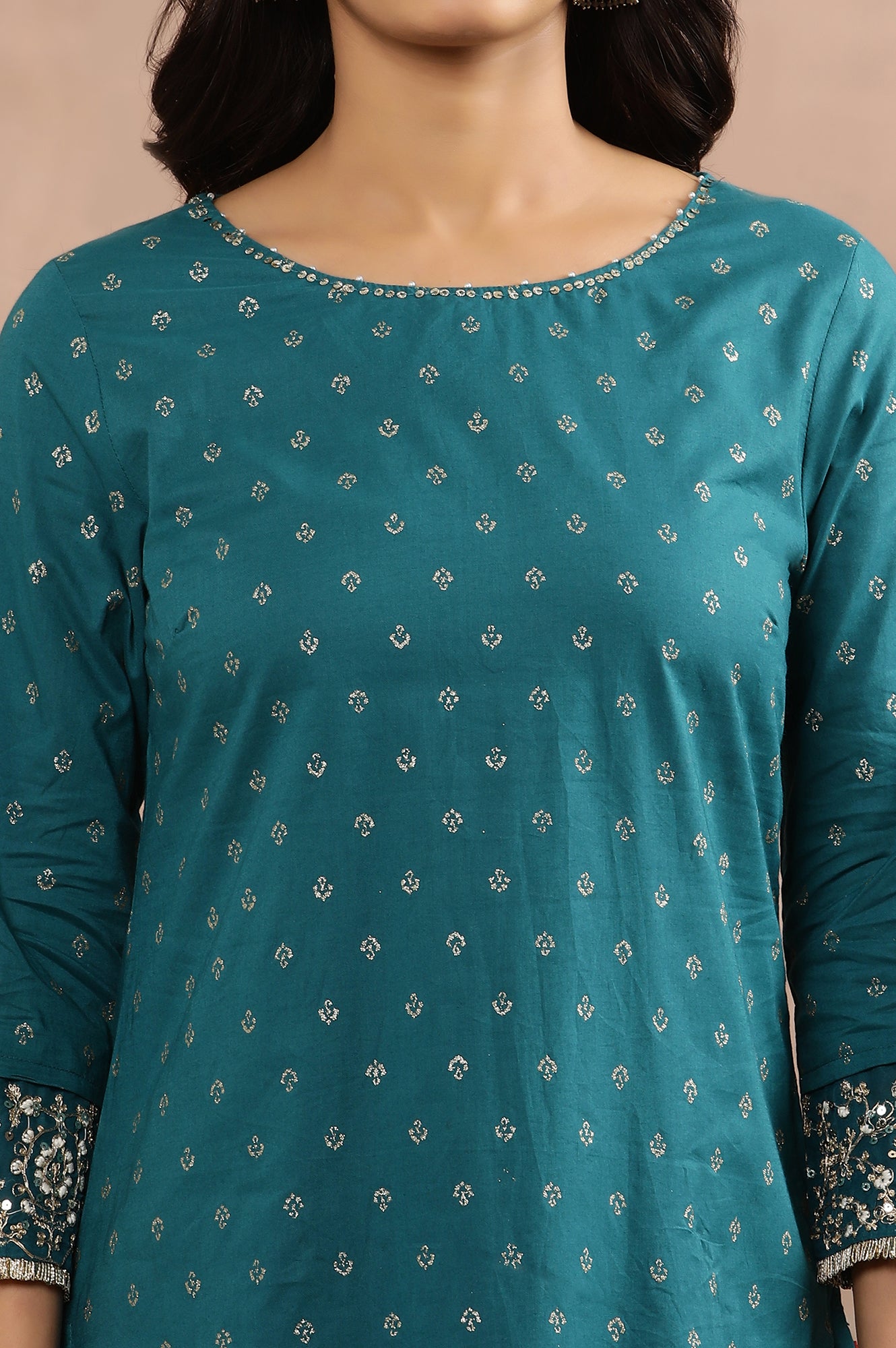 Blue Embellished Kurta And Glitter Printed Culottes