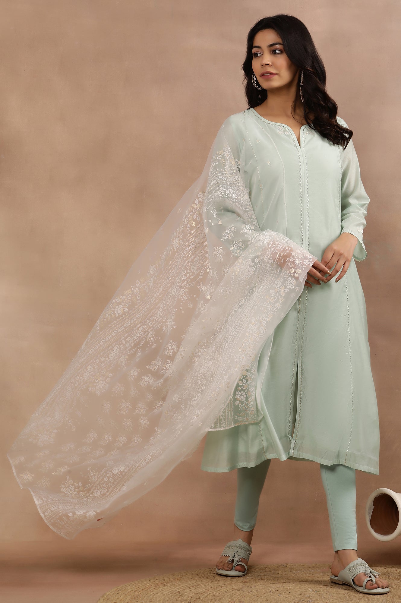 Mint Green Panelled Chanderi Kurta, Tights And Dupatta Set