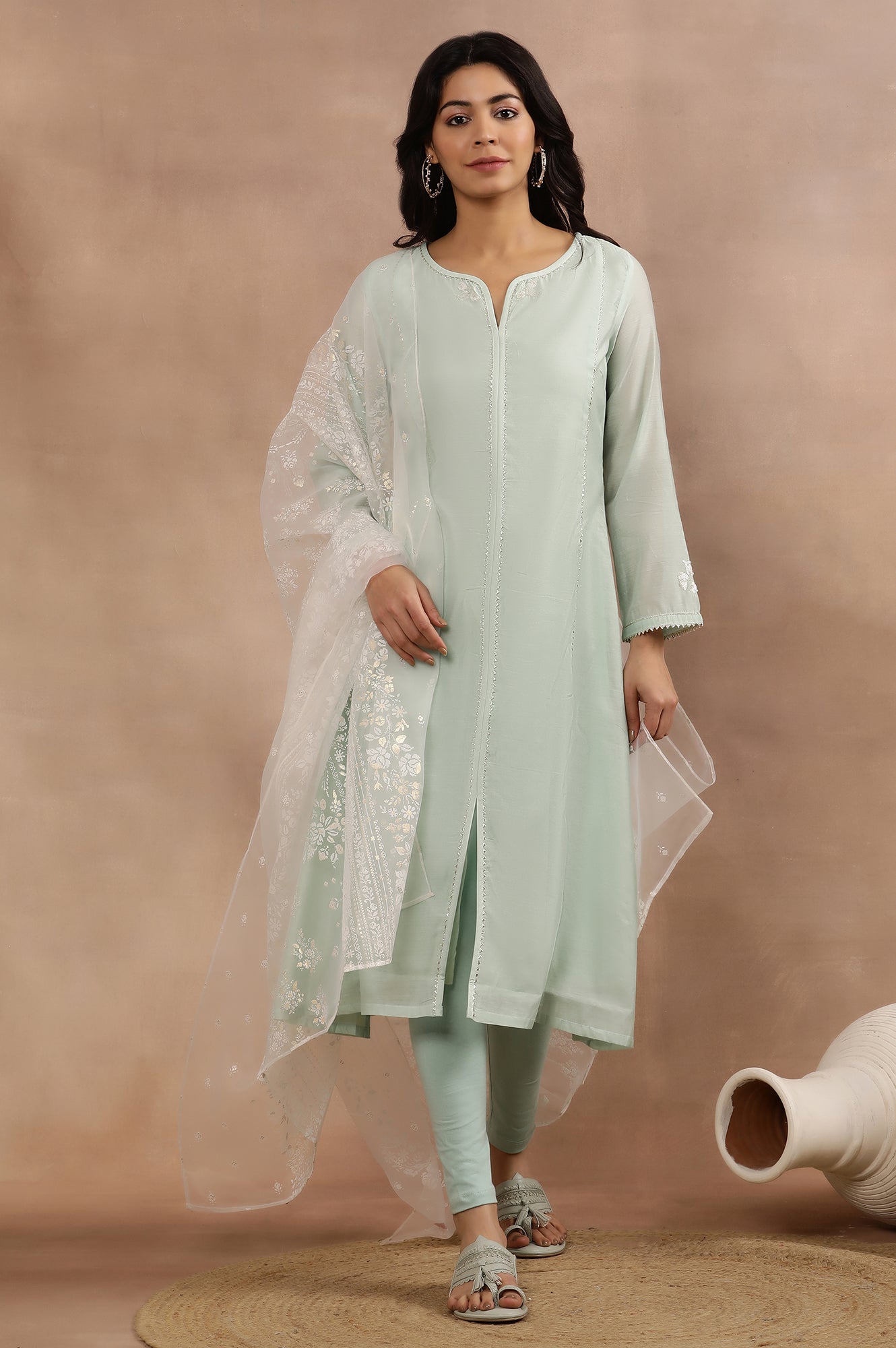 Mint Green Panelled Chanderi Kurta, Tights And Dupatta Set