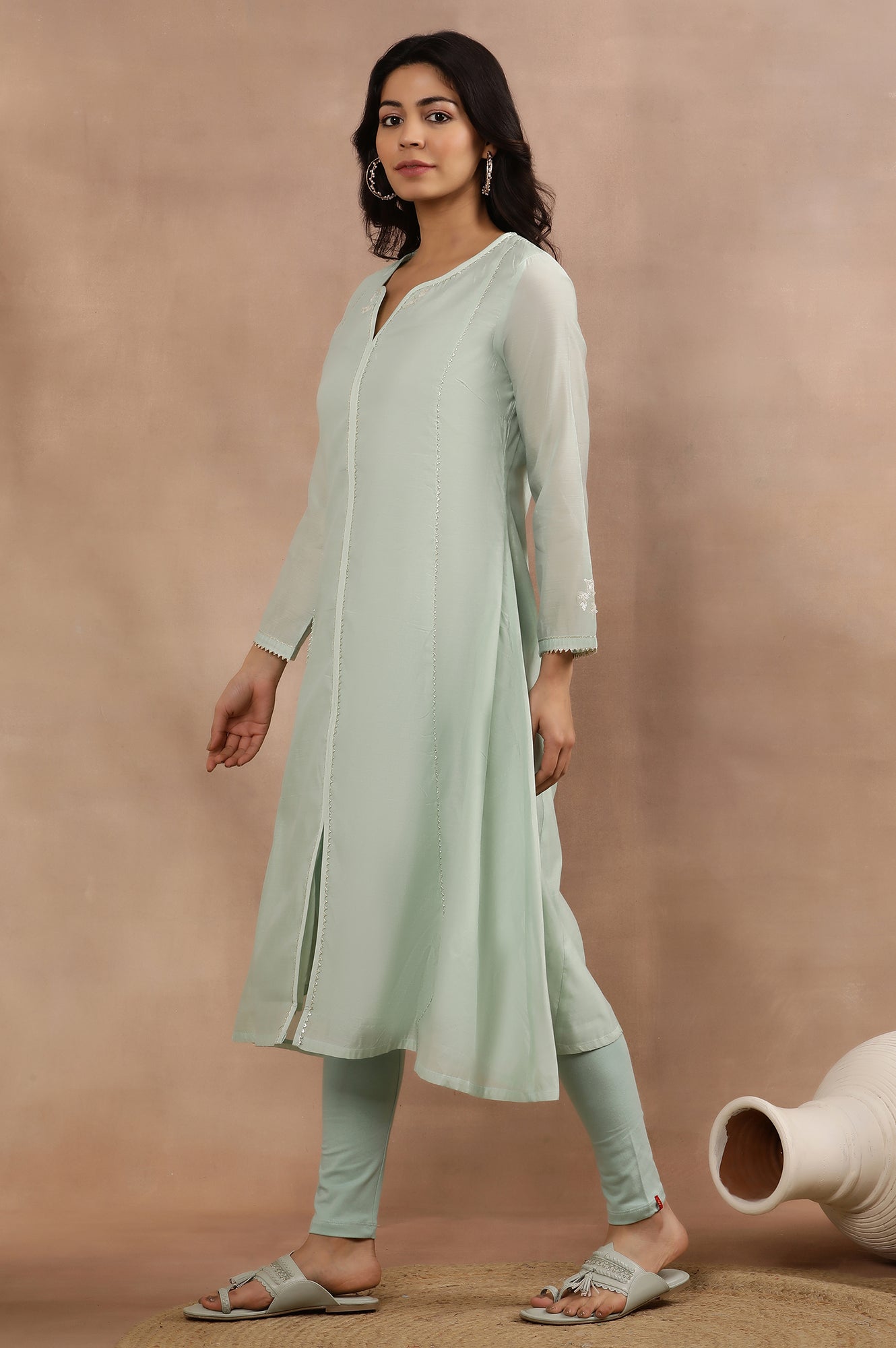 Mint Green Panelled Chanderi Kurta, Tights And Dupatta Set