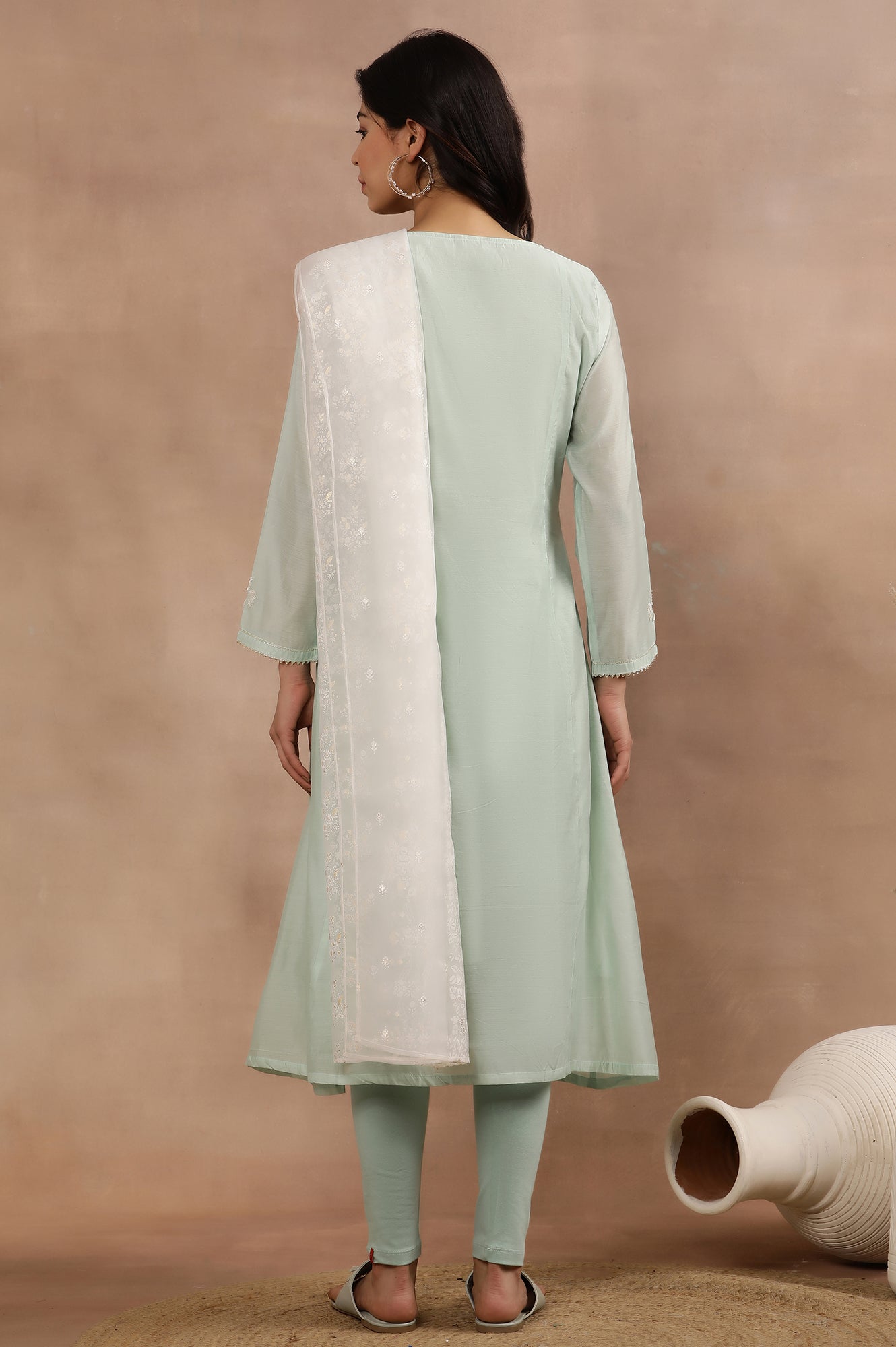 Mint Green Panelled Chanderi Kurta, Tights And Dupatta Set