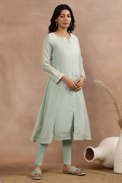 Mint Green Panelled Chanderi Kurta, Tights And Dupatta Set