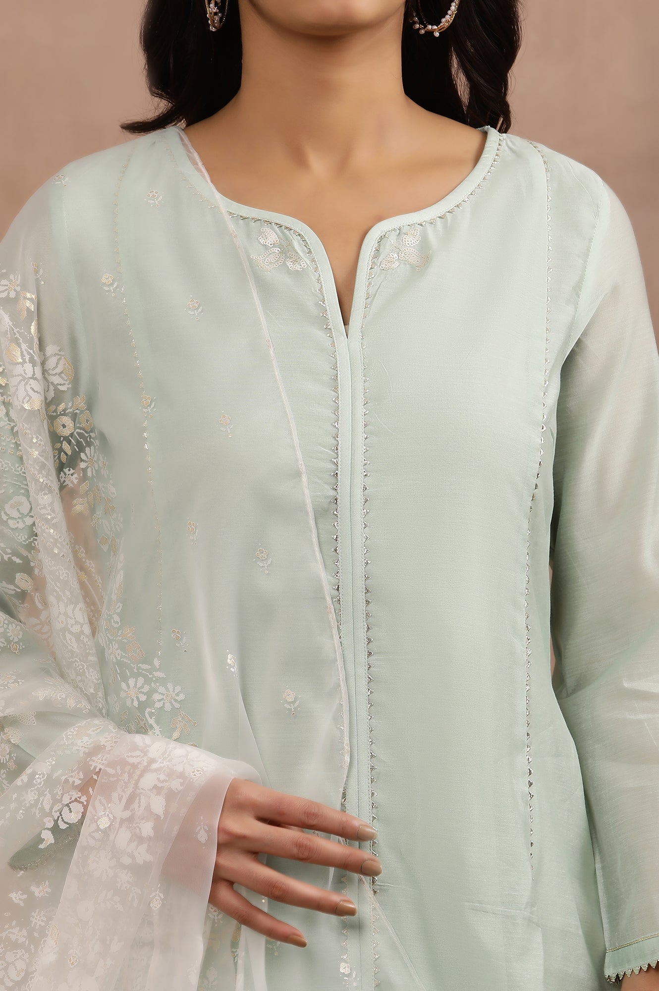 Mint Green Panelled Chanderi Kurta, Tights And Dupatta Set