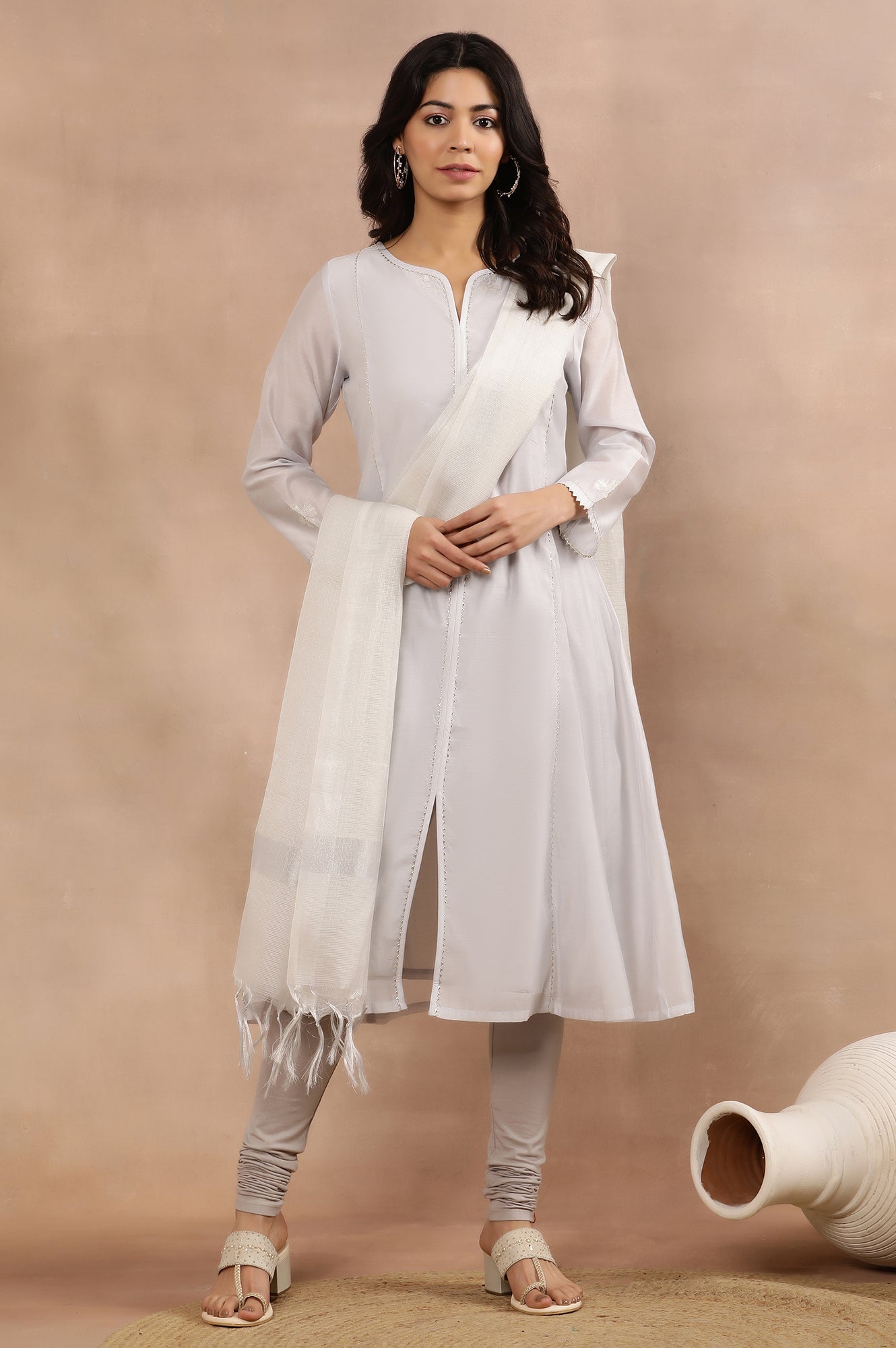 Grey Panelled Chanderi Kurta, Churidar And Dupatta Set