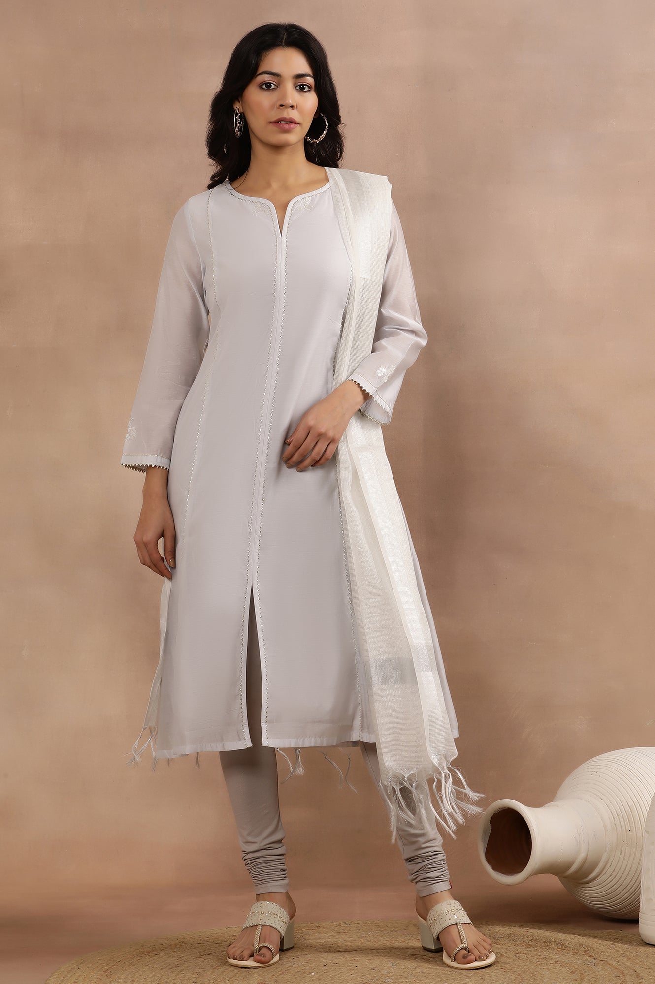 Grey Panelled Chanderi Kurta, Churidar And Dupatta Set