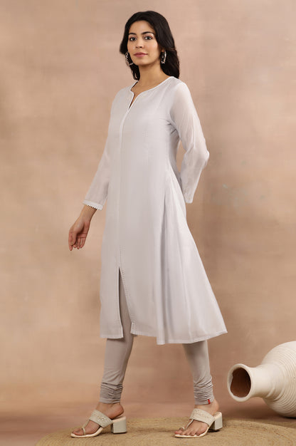 Grey Panelled Chanderi Kurta, Churidar And Dupatta Set